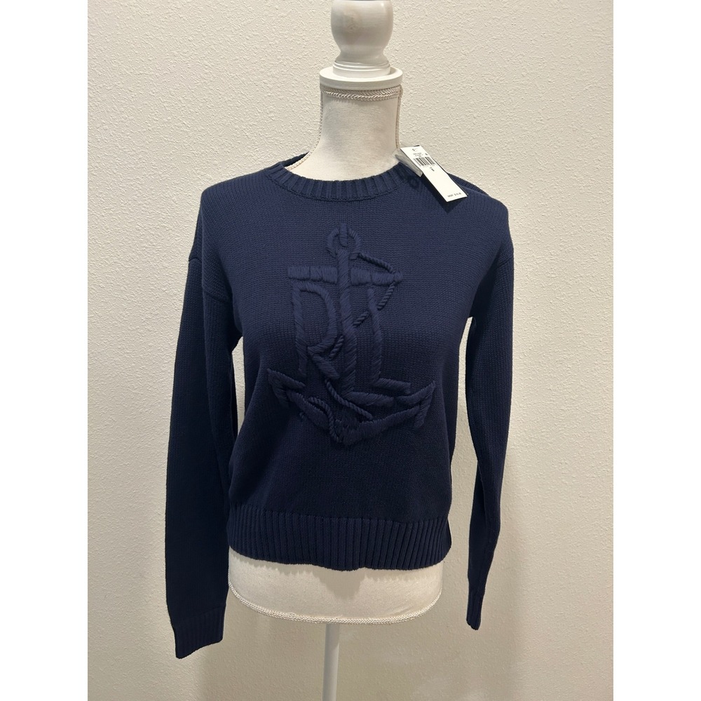 Lauren Ralph Lauren Navy Blue Anchor Monogram Cotton Knit Sweater Long Sleeve S